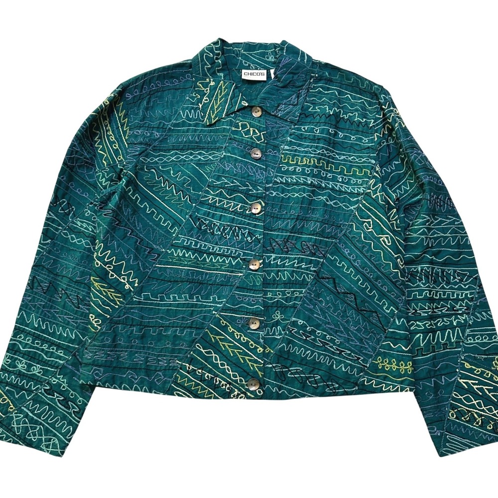 Chico's Silk Embroidered Jacket Womens 0 Teal Whimsigoth Boho Art to Wear Avalon